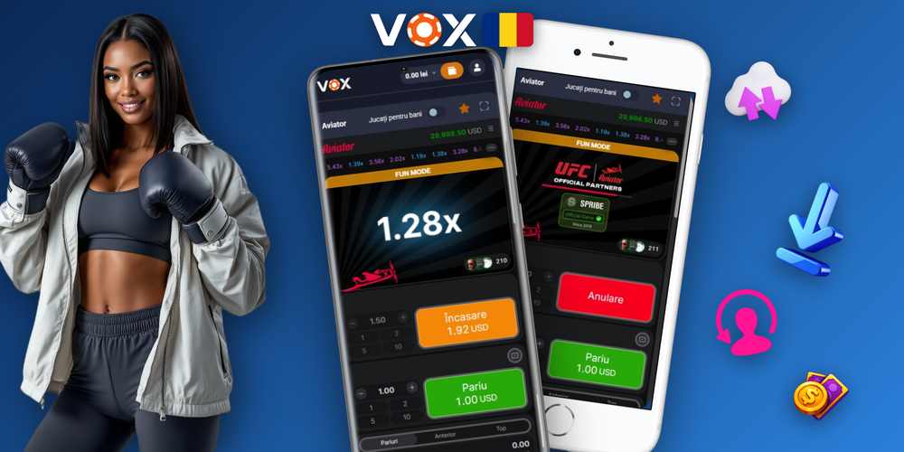 Interfața jocului Aviator la VOX Casino cu multiplicatorul afișat în centrul ecranului
