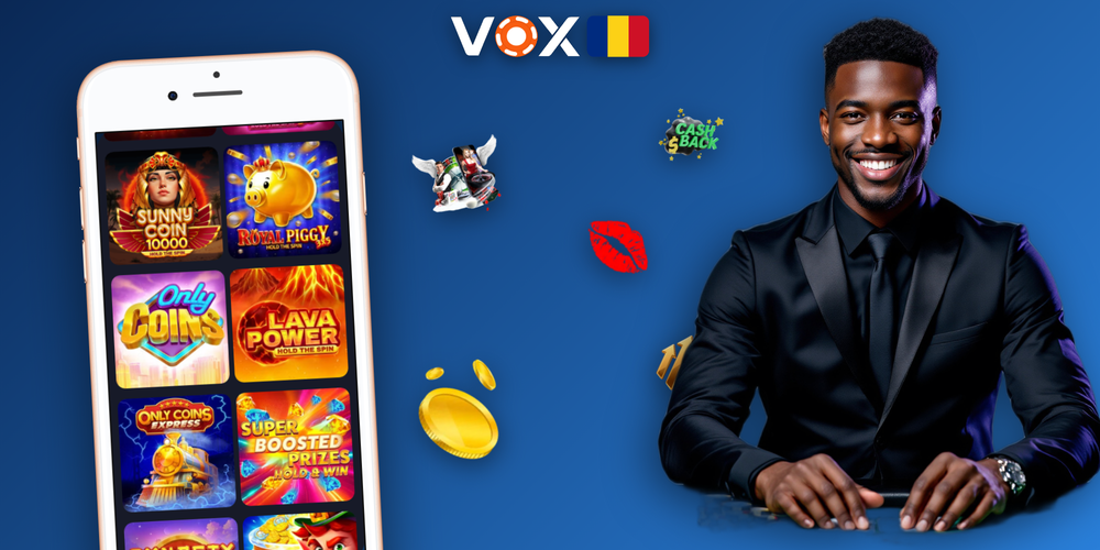 Panou festiv cu bonusul de bun venit VOX Casino înconjurat de monede și jetoane
