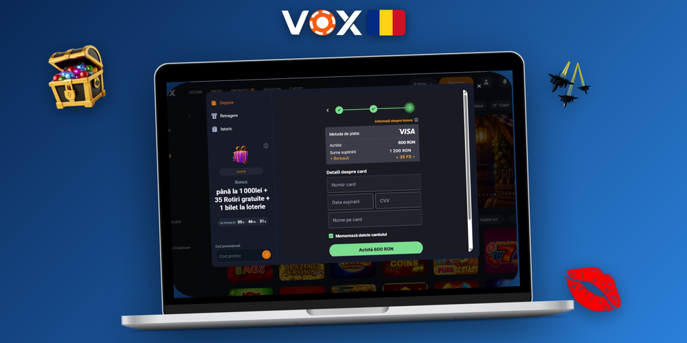 Interfața casieriei VOX Casino pe laptop și telefon cu card și Bitcoin