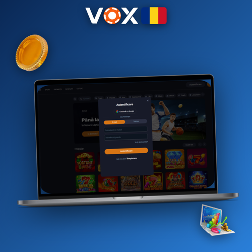 Formular de înregistrare VOX Casino afișat pe laptop și telefon, buton evidențiat